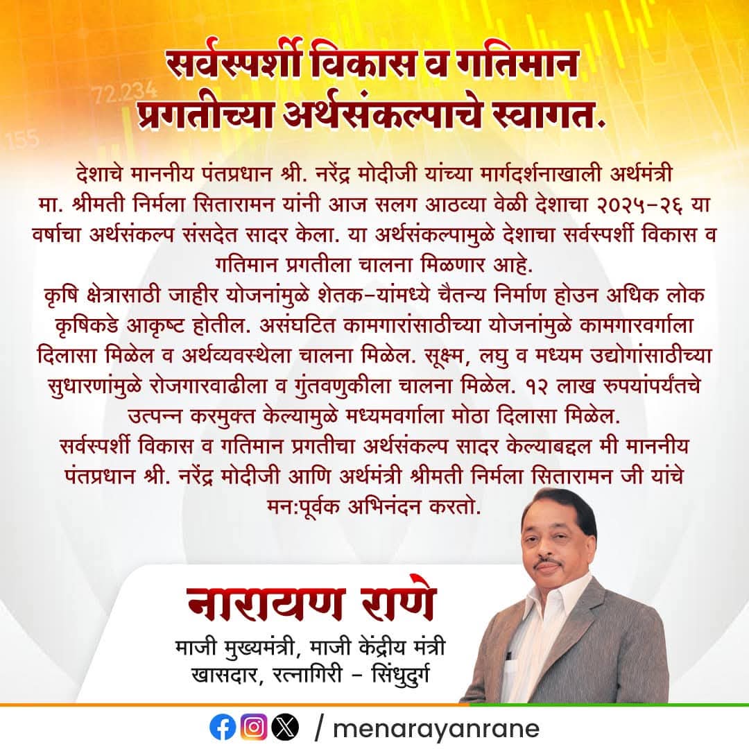 सर्वस्पर्शी विकास व गतिमान प्रगतीच्या अर्थसंकल्पाचे स्वागत