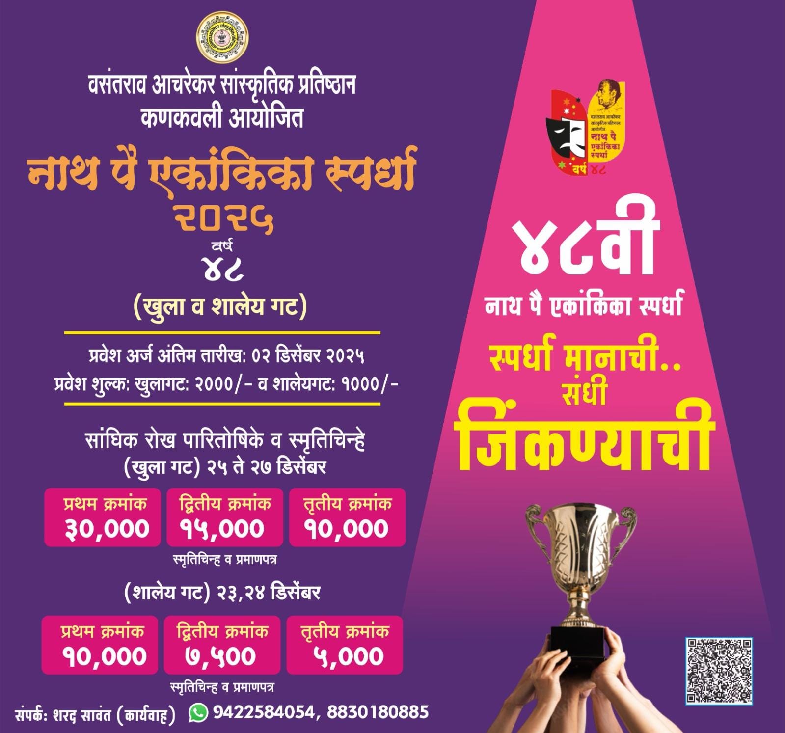 वसंतराव आचरेकर सांस्कृतिक प्रतिष्ठानची 48 वी नाथ पै एकांकिका स्पर्धा जाहीर