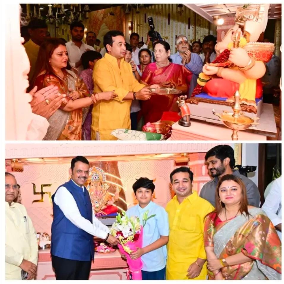 मुख्यमंत्री देवेंद्र फडणवीस यांच्या 'वर्षा' निवासस्थानी मंत्री नितेश राणेंनी घेतले सहकुटुंब श्री गणरायाचे दर्शन