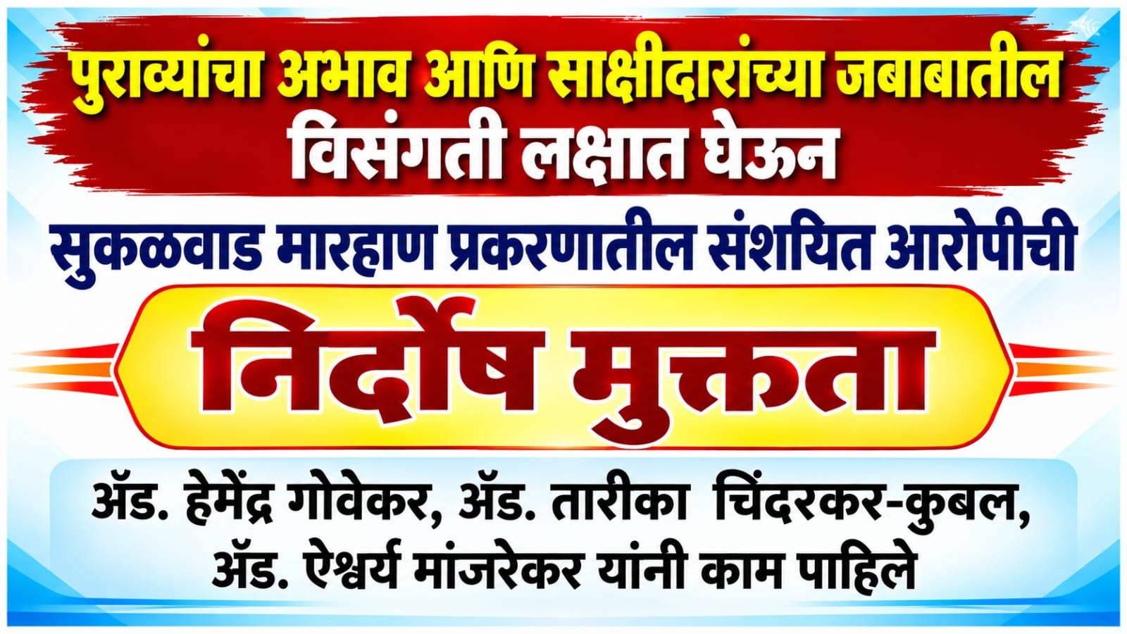 पुराव्यांचा अभाव आणि साक्षीदारांच्या जबाबातील विसंगती लक्षात घेऊन सुकळवाड मारहाण प्रकरणातील संशयित आरोपीची निर्दोष मुक्तता.. 