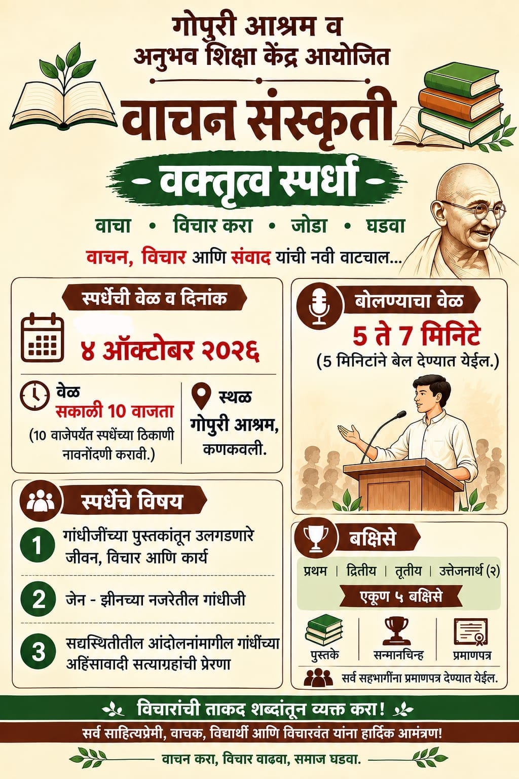 कणकवली गोपुरी आश्रम येथे ४ ऑक्टोबर रोजी वक्तृत्व स्पर्धा.. 